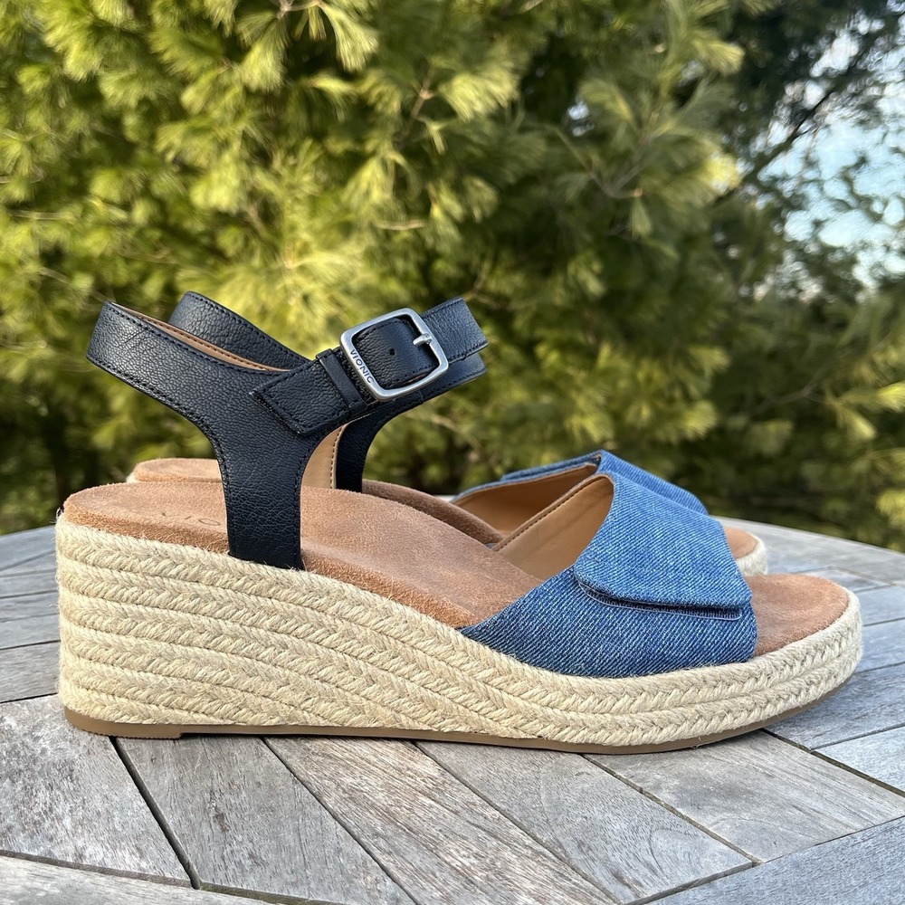 Vionic Sable Sandal Wmns 10 W Espadrille Wedge Blue Denim Black Adjustable Strap